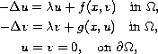 $$\displaylines{
 -\Delta u=\lambda u+f(x,v)  \quad\hbox{in }\Omega, \cr
 -\Delta v=\lambda v+g(x,u) \quad\hbox{in }\Omega, \cr
 u=v=0,  \quad\hbox{on }\partial\Omega,
 }$$