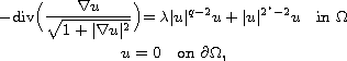 $$\displaylines{
 -\hbox{div}\Bigl(\frac{\nabla u}{\sqrt{1+|\nabla u|^{2}}}\Bigl) =
 \lambda |u|^{q-2}u+ |u|^{2^*-2}u \quad \text{in }\Omega \cr
 u = 0 \quad \text{on } \partial \Omega,
 }$$