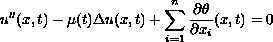 $$u''(x,t)-\mu(t)\Delta u(x,t)+\sum_{i=1}^n
     {\partial \theta\over\partial x_i}(x,t)=0 $$