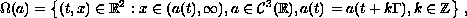 $$\Omega (a) = \left\{(t,x)\in{\Bbb R}^2 : x\in{(a(t),\infty)}, 
     a\in{\cal C}^3({\Bbb R}),a(t)=a(t+k\Gamma), k\in{\Bbb Z}\right\}\,,$$