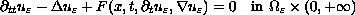 $$
 \partial_{tt} u_{\varepsilon} -\Delta u_{\varepsilon}
 +F(x,t,\partial_t u_{\varepsilon},\nabla u_{\varepsilon})=0
 \quad\hbox{in }\Omega_{\varepsilon}\times(0,+\infty)
 $$