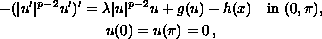 $$\displaylines{
   -(|u'|^{p-2}u')'= \lambda  |u|^{p-2}u + g(u)-h(x)\quad 
   \hbox{in  }  (0,\pi) ,\cr
   u(0)=u(\pi )=0\,,
   }$$