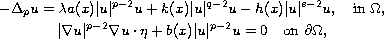 $$\displaylines{
-\Delta_{p}u=\lambda a(x)|u|^{p-2}u+k(x)|u|^{q-2}u-h(x)|u|^{s-2}u,
\quad \hbox{in }\Omega,\cr
|\nabla u|^{p-2}\nabla u\cdot\eta+b(x)|u|^{p-2}u=0\quad
\hbox{on }\partial\Omega,
}$$