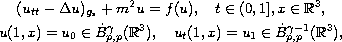 $$\displaylines{
 (u_{tt}-\Delta u)_{g_s}+m^2u=f(u),\quad t\in (0, 1], x\in \mathbb{R}^3,\cr
 u(1, x)=u_0\in {\dot B}^{\gamma}_{p, p}(\mathbb{R}^3),\quad
 u_t(1, x)=u_1\in {\dot B}^{\gamma-1}_{p, p}(\mathbb{R}^3),
 }$$