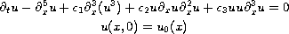 $$\displaylines{
 \partial_t u - \partial_x^5u + c_1\partial_x^3(u^3)
 + c_2u\partial_x u\partial_x^2 u + c_3uu\partial_x^3 u =0\cr
 u(x,0)= u_0(x)
 }$$