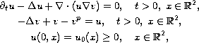 $$\displaylines{
 \partial_tu -  \Delta  u+ \nabla \cdot(u \nabla v)=0,\quad
 t>0,\; x\in\mathbb{R}^2, \cr
 -\Delta v+v-v^p=u,\quad t>0,\; x\in\mathbb{R}^2,\cr
 u(0,x) =u_0(x)\ge 0,\quad x\in\mathbb{R}^2,
 }$$