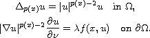 $$\displaylines{
  \Delta_{p(x)} u=|u|^{p(x)-2}u \quad \hbox{in } \Omega, \cr
  |\nabla u|^{p(x)-2}\frac{\partial u}{\partial \nu}=\lambda f(x,u) \quad
 \hbox{on } \partial\Omega.
 }$$