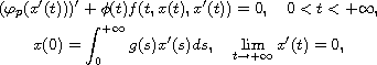 $$\displaylines{
 (\varphi_{p}(x'(t)))'+\phi(t)f(t,x(t),x'(t))=0, \quad 0<t<+\infty,\cr
 x(0)=\int_0^{+\infty}g(s)x'(s)ds,\quad \lim_{t\to+\infty}x'(t)=0,
 }$$