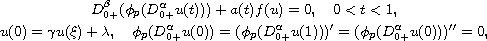 $$\displaylines{
 D_{0+}^\beta(\phi_p(D_{0+}^\alpha u(t)))+a(t)f(u)=0, \quad 0<t<1, \cr
 u(0)=\gamma u(\xi)+\lambda, \quad
 \phi_p(D_{0+}^\alpha u(0))=(\phi_p(D_{0+}^\alpha u(1)))'
 =(\phi_p(D_{0+}^\alpha u(0)))''=0,
 }$$