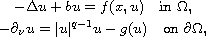 $$\displaylines{
 -\Delta u +bu=f(x,u)\quad\hbox{in }\Omega,\cr
 -\partial_{\nu}u=|u|^{q-1}u-g(u)\quad\hbox{on }\partial\Omega,
 }$$