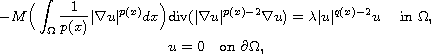 $$\displaylines{
 -M\Big(\int_{\Omega}\frac{1}{p(x)}|\nabla u|^{p(x)}dx\Big)
 \hbox{div}(|\nabla u|^{p(x)-2}\nabla u)= \lambda|u|^{q(x)-2}u \quad
 \text{ in } \Omega,\cr
 u=0 \quad \text{on } \partial\Omega,
 }$$