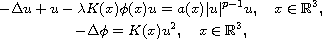 $$\displaylines{
 -\Delta u+u-\lambda K(x)\phi(x)u=a(x)|u|^{p-1}u, \quad x\in\mathbb{R}^3, \cr
 -\Delta\phi=K(x)u^{2},\quad x\in\mathbb{R}^3,
 }$$