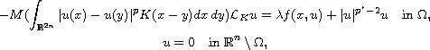 $$\displaylines{
 -M(\int_{\mathbb{R}^{2n}} |u(x)-u(y)|^pK(x-y)dx\,dy)\mathcal{L}_Ku
 =\lambda f(x,u)+|u|^{p^* -2}u\quad \text{in }\Omega,\cr
 u=0\quad \text{in }\mathbb{R}^{n}\setminus\Omega,
 }$$