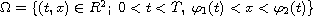 $\Omega =\{(t,x)\in R^2;\ 0<t<T,\;  \varphi_1(t)<x<\varphi _2(t)\}$