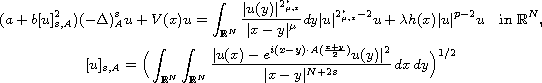 $$\displaylines{ 
 (a+b[u]_{s,A}^2)(-\Delta)_A^su+V(x)u 
 =\int_{\mathbb{R}^N}\frac{|u(y)|^{2_{\mu,s}^*}}{|x-y|^{\mu}}dy|u|^{2_{\mu,s}^*-2}u
 +\lambda h(x)|u|^{p-2}u\quad \text{in }\mathbb{R}^N,
 \cr
 [u]_{s,A}=\Big(\int_{\mathbb{R}^{N}}\int_{\mathbb{R}^N}
 \frac{|u(x)-e^{i(x-y)\cdot A(\frac{x+y}{2})}u(y)|^2}{|x-y|^{N+2s}}\,dx\,dy\Big)
^{1/2}
 }$$