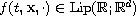 $f(t,\mathbf{x},\cdot) \in \hbox{Lip}(\mathbb{R};\mathbb{R}^d)$