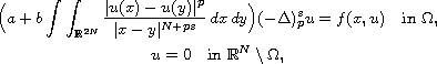 $$\displaylines{
 \Big(a + b\int\int_{\mathbb{R}^{2N}} \frac{|u (x) - u (y)|^p}{|x - y|^{N + ps}}
 \, dx \, dy\Big) (- \Delta)_p^s u = f (x, u ) \quad \text{in } \Omega,\cr
 u = 0 \quad \text{in } \mathbb{R}^N \setminus \Omega,
 }$$