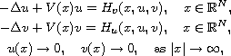 $$\显示行{-\增量u+V（x）u=H_{V}（x，u，V），\quad x\in\mathbb{R}^N，\cr-\Δv+v（x）v=H_｛u｝（x，u，v），\quad x\in\mathbb｛R｝^N，\cru（x）\到0，\四v（x）\到0，\quad\text{作为}|x|\到\输入，}$$