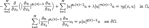 $$\displaylines{
 -\sum_{i=1}^{N}\frac{\partial }{\partial x_{i}}
 \Big(\big| \frac{\partial u}{\partial x_{i}}\big|^{p_{i}(x)-2}
 \frac{\partial u}{\partial x_{i}}\Big)
 +\sum_{i=1}^{N}| u|^{p_{i}(x)-2}u+\lambda| u|^{m(x)-2}u
 =\gamma g(x,u)\quad \text{in }  \Omega,\cr
 \sum_{i=1}^{N}\big| \frac{\partial u}{\partial x_{i}}\big|^{p_{i}(x)-2}
 \frac{\partial u}{\partial x_{i}}\upsilon_{i}
 =\mu| u|^{q(x)-2}u \quad\text{on } \partial\Omega.
 }$$