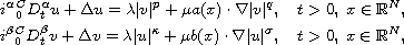 $$\displaylines{
i^\alpha {}_0^C D_t^\alpha u+\Delta u
= \lambda |v|^p+\mu a(x)\cdot\nabla |v|^q,
\quad t>0,\;x\in \mathbb{R}^N,\cr
i^\beta {}_0^C D_t^\beta v+\Delta v
= \lambda |u|^\kappa+\mu b(x)\cdot\nabla |u|^\sigma,
\quad t>0,\; x\in \mathbb{R}^N,
}$$