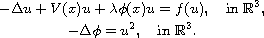 $$\displaylines{
 -\Delta u+V(x)u+\lambda\phi(x)u=f(u),\quad \text{in } \mathbb{R}^3,\cr
 -\Delta\phi=u^2,\quad \text{in } \mathbb{R}^3.
 }$$