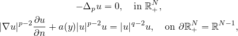 $$\displaylines{
 -\Delta_p u=0, \quad \text{in }  \mathbb{R}^N_{+},\cr
 |\nabla u|^{p-2}\frac{\partial u}{\partial n}+a(y)|u|^{p-2}u=|u|^{q-2}u , \quad
 \text{on } \partial\mathbb{R}^N_{+}=\mathbb{R}^{N-1},
 }$$