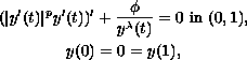 $$\displaylines{
(|y'(t)|^py'(t))'+\frac{\phi}{y^{\lambda}(t)}=0 \hbox{ in } (0,1),\cr
y(0)=0=y(1),
}$$