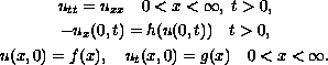 $$\displaylines{
 u_{tt}=u_{xx}\quad  0 less than x less than \infty,\;  tgreater than 0,\cr
 -u_{x}(0,t)=h(u(0,t)) \quad t greater than 0,\cr
 u(x,0)=f(x),\quad u_{t}(x,0)=g(x) \quad 0 less than x less than \infty.
 }$$