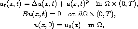 $$\displaylines{
 u_{t}(x,t) = \Delta u(x,t) + u(x,t)^p \quad
 \hbox{in }  \Omega \times (0,T),\cr
 Bu(x,t) = 0    \quad \hbox{on }  \partial\Omega \times (0,T),\cr
 u(x,0) = u_0(x) \quad \hbox{in }  \Omega,
}$$