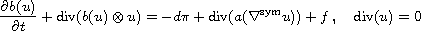 $$
  \frac{\partial b(u)}{\partial t} + \hbox{div}(b(u) \otimes u)
  = - d\pi + \hbox{div}(a(\nabla^{\rm sym} u)) + f \,, \quad
  \hbox{div}(u) = 0 
  $$