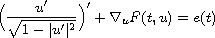 $$
 \Big(\frac{u'}{\sqrt{1 - |u'|^2}}\Big)' + \nabla_u F(t,u) = e(t)
 $$